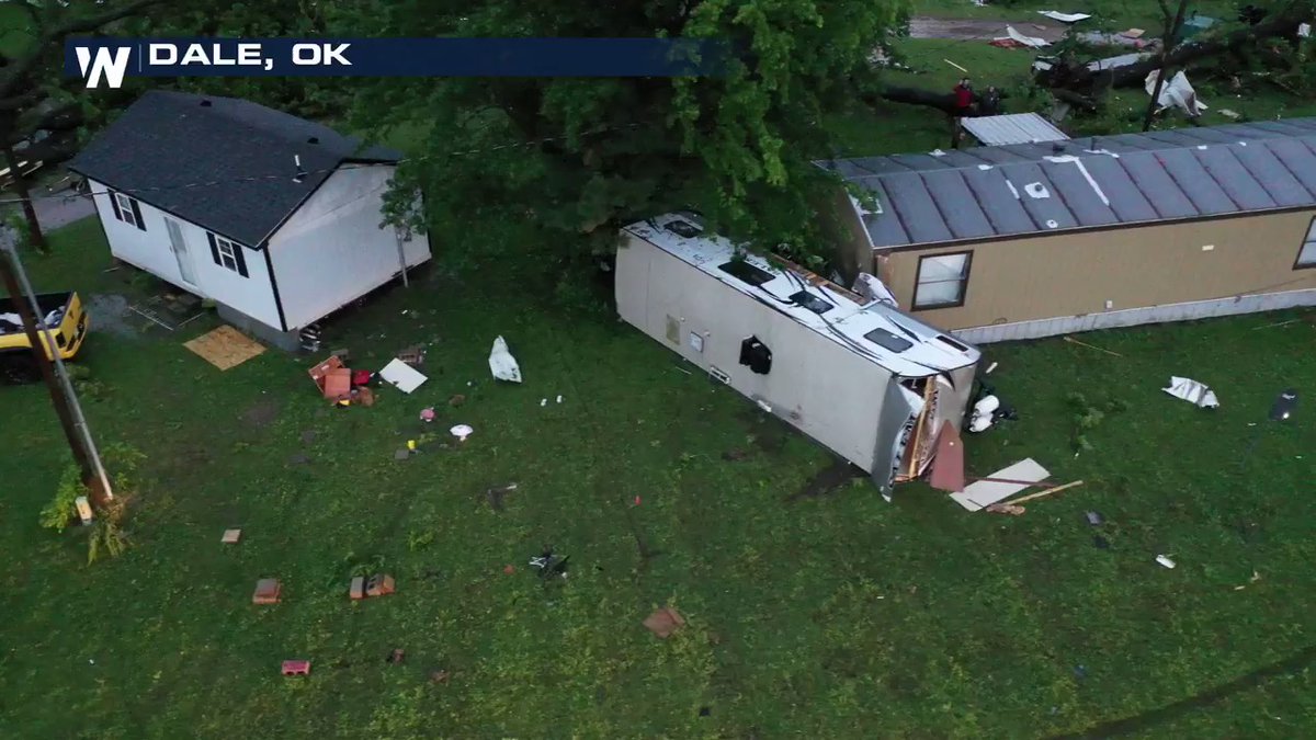 Daylight reveals visible tornado damage near Dale, OK. 