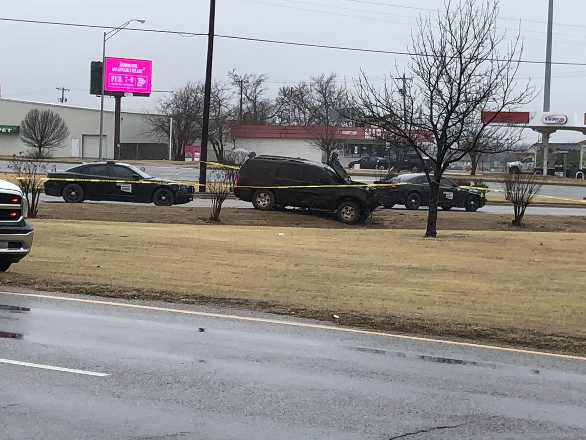 Officer-involved shooting with an OHP trooper in Moore. You can see where a black SUV crashed on N. 27th St. at Shields as part of this scene