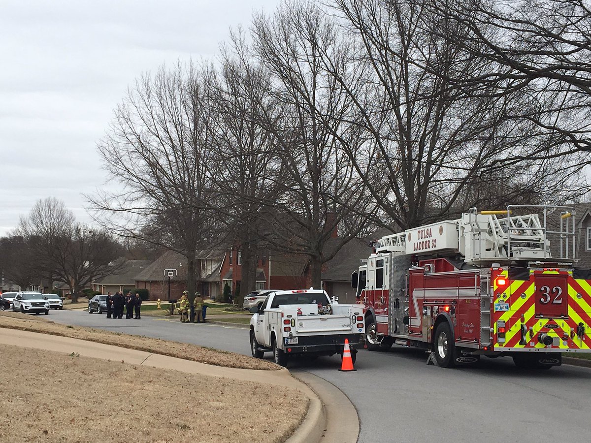Crews @TulsaFire are also on scene after a responding TPD officer smelled gas coming from the house. Officials say neighbors are not in any danger. Tulsa Oklahoma