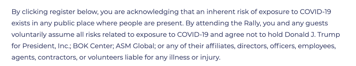 A liability warning from the @realDonaldTrump re-election campaign for those who want to attend his Tulsa rally amid the coronavirus pandemic