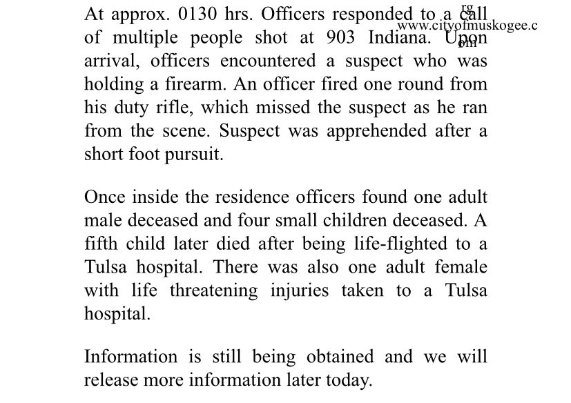Five children and a man are dead following a shooting in Muskogee. A 6th victim, a woman, is battling life-threatening injuries.   