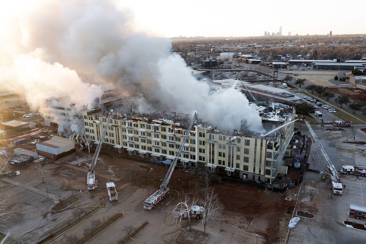 The fire at NW 63rd & Western is still smoldering this morning.  The building was under construction and was to be a 5-story apartment complex called The Canton.  From all appearances, no surrounding structures were damaged