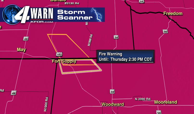 12:45PM - Residents of Ft. Supply are being told to evacuate as an out of control wildfire nears the town