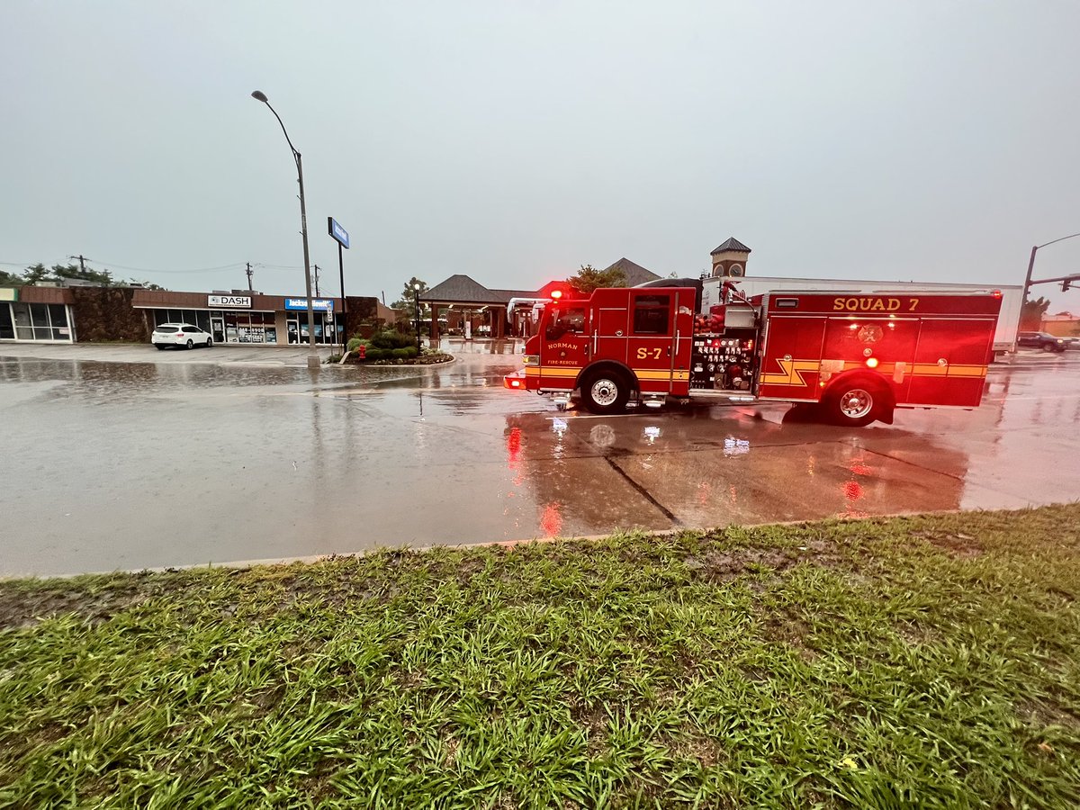 Flood Ave and Main St is closed due to flooding. At least one car is stuck. According to the City of Norman this area is known to flood because of local drainage problems in older parts of the city